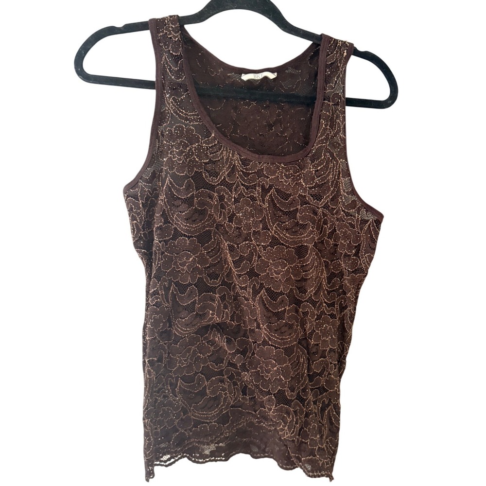 BKE Y2k‎ Brown Gold Metallic Floral Lace Racerback Tank Top Sheer Sleeveless